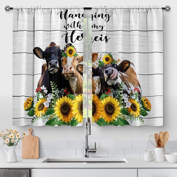 Sunflower Cow Print Kitchen Curtains - Floral Farmhouse Short Cafe Flowers Country Vintage Decor Tier Curtains Over Sink for Dining Room Rod Pocket Window Drapes RV Curtains 2 Panel Set, 28"x30"