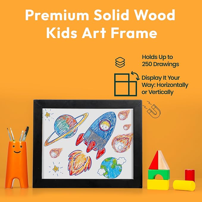 Magnetic Kids Art Frame 8.5x11 – Lift-Top Real Wood Artwork Display & Storage – Strap-Free Changeable Frame Holds 250 Drawings – Freestanding or Wall Mounted - Black