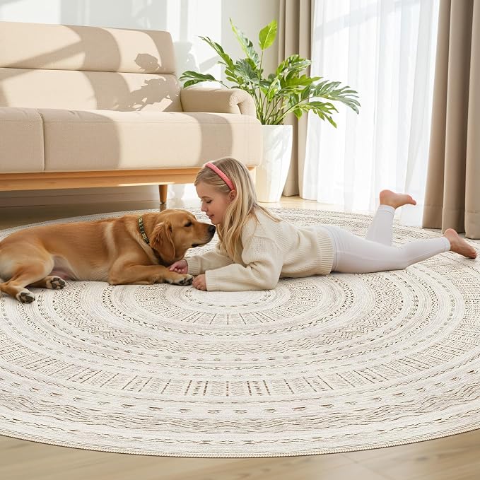 cotiled 8x8 Round Area Rugs Living Room Rug: Washable Boho Rugs with Non Slip Backing Large Soft Indoor Stain Resistant Carpet for Bedroom Farmhouse Dining Room Lightweight Home Decor Brown/Cream