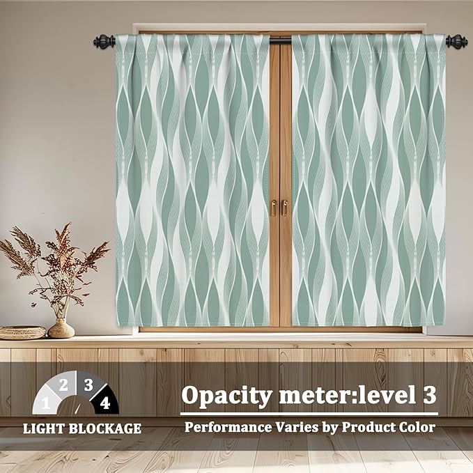 Renaiss 26 x 54 Inch Blue Green Wave Stripes Cafe Kitchen Curtain Tiers Geometric Pattern Cafe Short Curtains Linen Textured Rod Pocket Window Treatmen Curtain for Dining Room Bathroom 2 Panels