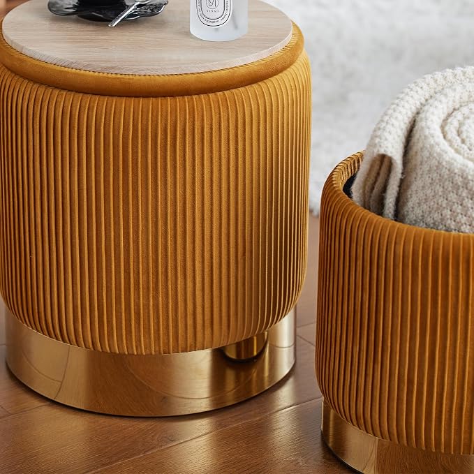 Round Ottoman with Storage Set of 2 Small Ottoman Coffee Table, Vanity Chair Foot Stool, Removable Lid, Hidden Storage, for Living Room, Bedroom, Hallway, Assembly Free (Orange)