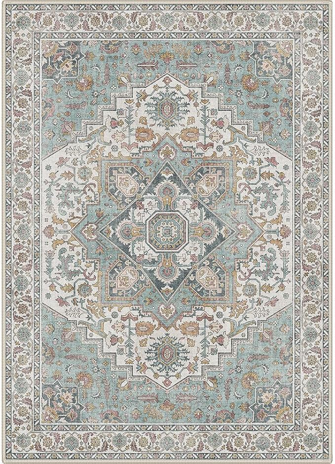 GENIMO 5x7 Area Rugs for Living Room, Machine Washable Non Slip Rugs, Low Pile Lightweight Print Rug for Bedroom, Dining Room, Home Office, Vintage White/Teal