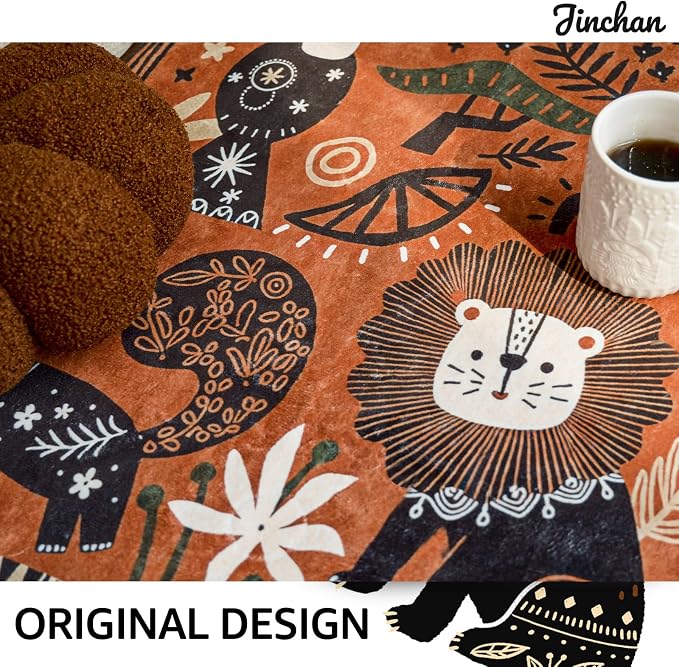 jinchan 2x3 Cute Area Rug Kids Washable Fun Rug Terracotta Boho Jungle Small Mat Non Slip Safari Doormat Lightweight Soft Cozy Throw Carpet for Entryway Nursery Playroom Bedside Bathroom