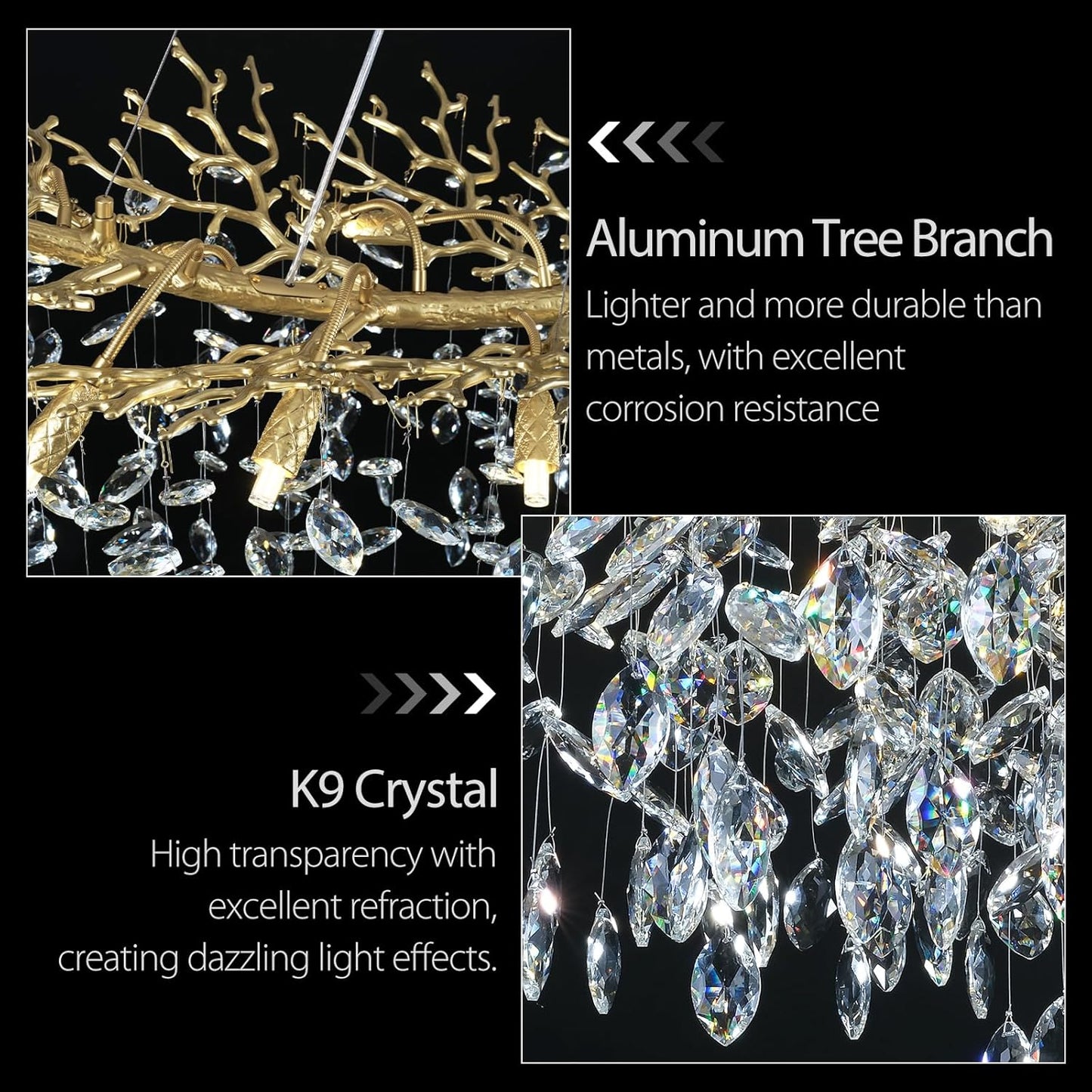Modern Crystal Gold Chandelier, 36" Large Rectangular Oval Tree Branch Crystal Chandeliers for Dining Room,16-Light Flush Mount K9 Crystal Chandeliers, for Kitchen Island,Dining Room