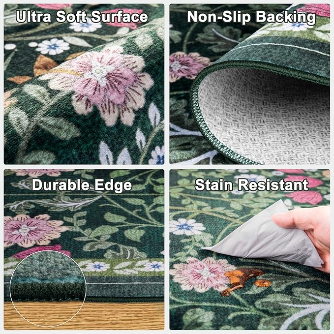 Round Area Rug for Living Room: 8 ft Floral Washable Circle Rug Soft Boho Non-Slip Carpet Indoor Floor Stain Resistant Low Pile Small Circular Rug for Bedroom Entryway Kitchen Nursery Dark Green