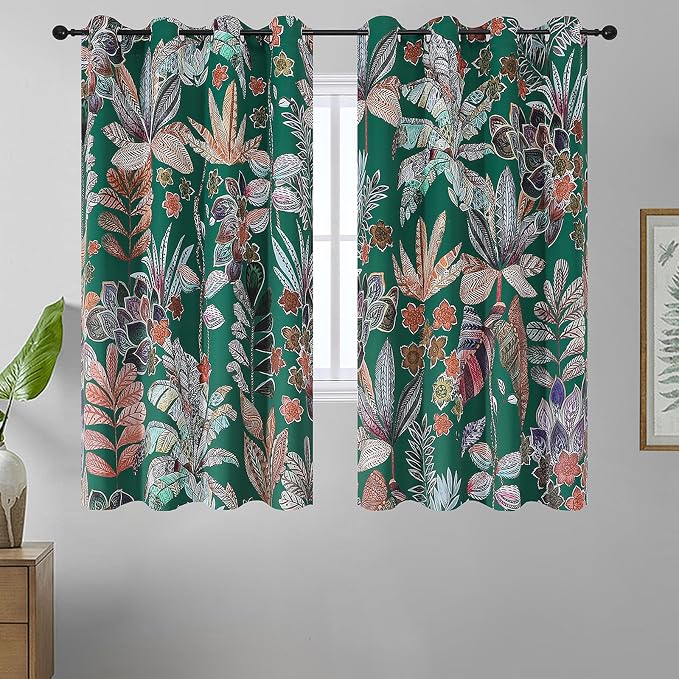 Estelar Textiler Green Boho Blackout Curtains 63 inch Length 2 Panels Set,Colorful Leaf Pattern Curtains for Living Room,Grommet Room Darkening Curtains & Drapes for Bedroom,52Wx63L