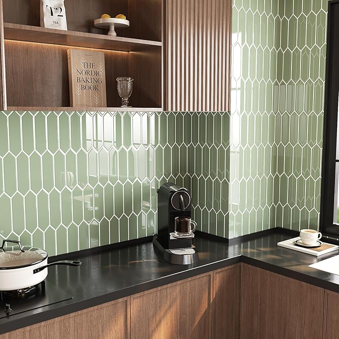 VaryStyle Sage Green Backsplash Tile Peel and Stick Kitchen Backsplash Long Hexagon Wall Tiles Self Adhesive Sticky Waterproof Vinyl Mosaic Back Splashes Stickers for Shower Walls Stove 12"x12" 18PCS