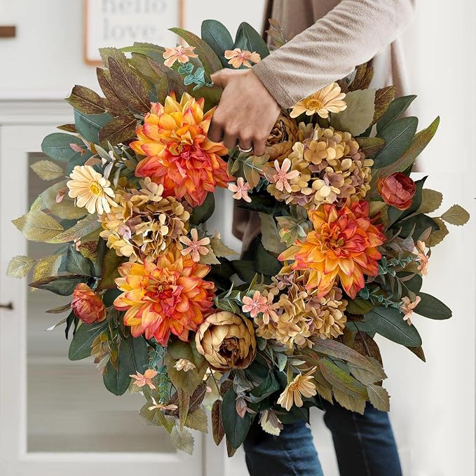 WANNA-CUL 24in Fall Front Door Wreath Dahlia Hydrangea Peony Table Decor | Twig-base autumn wreath with storage box for yearly reuse, ideal Thanksgiving indoor & covered outdoor seasonal gift