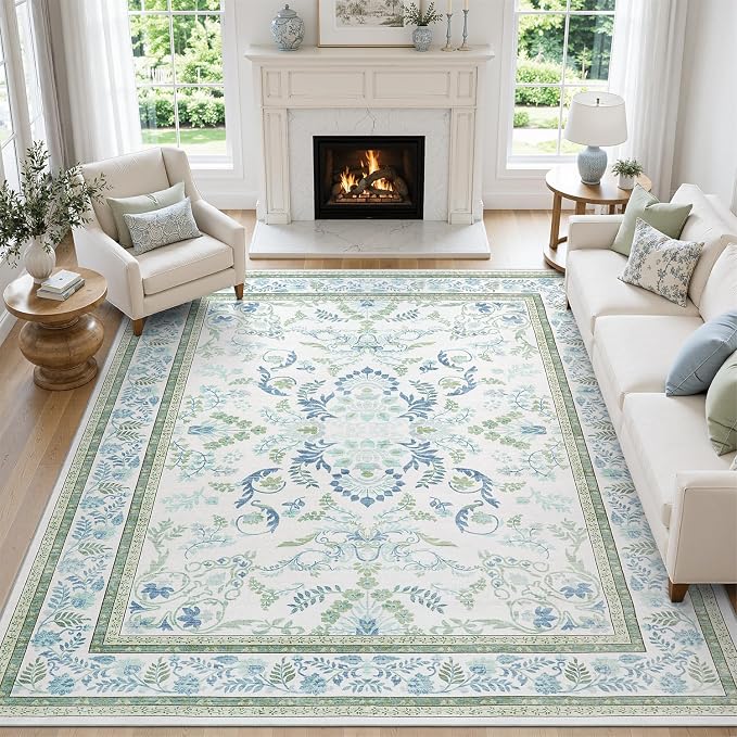 DCX Green 9x12 Rug, Kid & Pet Friendly with Rubber Back Non Slip, Machine Washable Stain Resistant Botanical Floral Rug for Living Room, Bedroom, Soft Low Pile Large Nursery Carpet