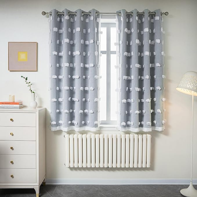 MYSKY HOME Dusty Blue Curtains for Bedroom & Kids Room - 54 Inch Long, Double Layer, White Pom Pom, Sheer, Grommet, Darkening, Small Window, 2 Panels, 52 x 54 in