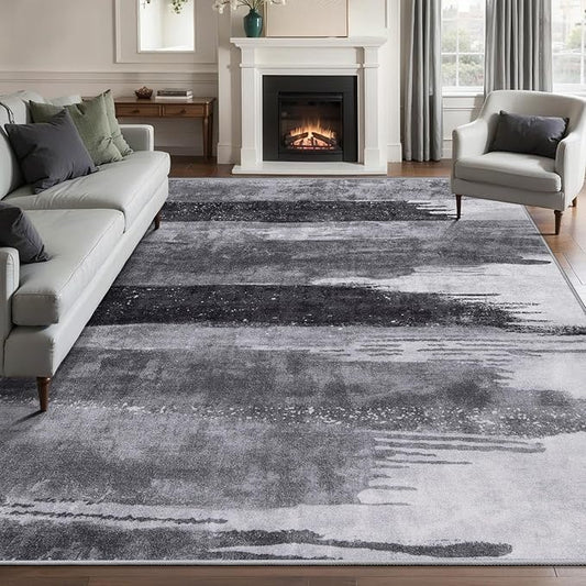 Ciicool Modern Abstract Grey Black Rug for Living Room, 6'x9' Machine Washable Area Rug Non-Slip Rug, Low-Pile Contemporary Indoor Dining Floor Carpet for Bedroom Office Under Table Home Decor