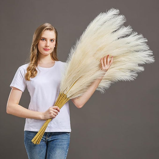 7 Pcs 45" Faux Pampas Grass – Fluffy Artificial Pompous Grass for Tall Floor Vase, Non-Shedding Home Decor, Boho Wedding Flowers, Baby Shower Centerpieces, Bedroom & Living Room Decor (Beige)
