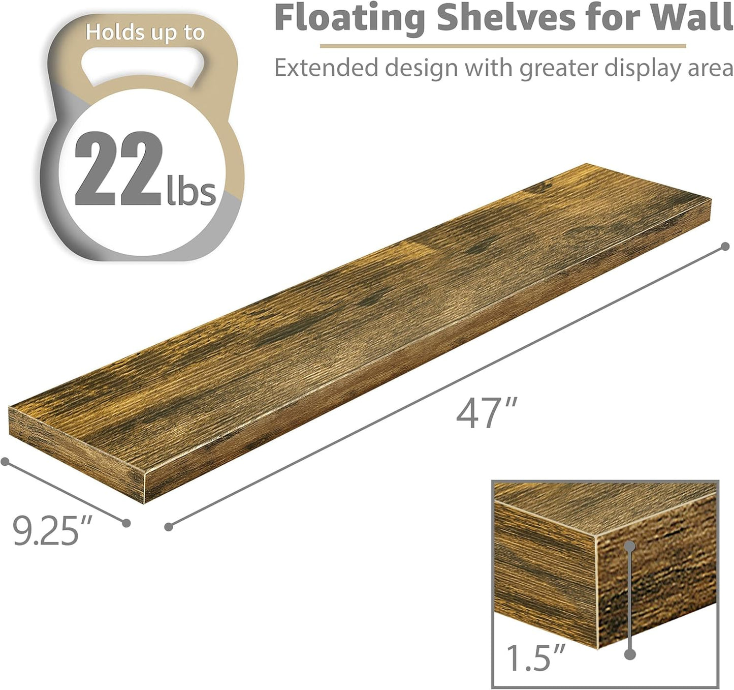 Sorbus Floating Shelves for Wall - 48 Inch Long Bathroom Shelves, Wall Decor for Bedroom, Kitchen, Living Room & Book Storage - Mounted Floating Shelf with Invisible Brackets (Rustic Brown, 2 Pack)