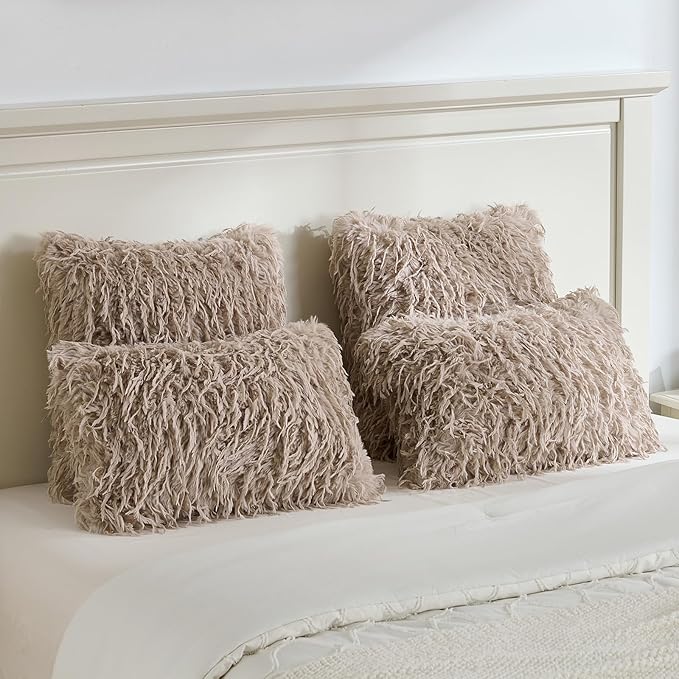 FUTEI Pack of 2 Faux Feather Plush Throw Pillow Covers 20x20 Inch Soft Fluffy Solid Farmhouse Decorative Cushion Cases Modern Luxury Accent for Couch Bed Living Room, Khaki