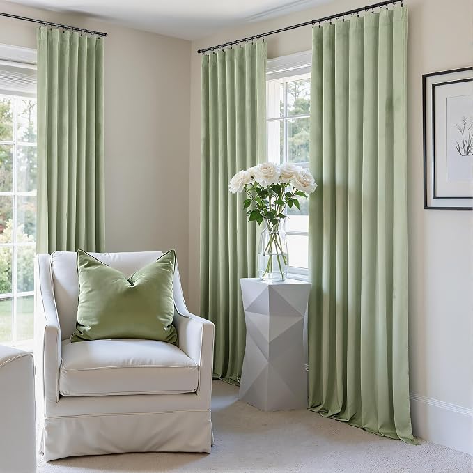 102 Inch Curtains Sage Green Velvet Long Curtain for Living Room Darkening Thermal Classic Solid Heavy Duty Neutral Window Drape for Bedroom Aesthetic Hallway Cottage Core Retro Holiday Decor 2 Panels