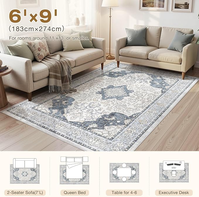 cotiled 6x9 Area Rug Machine Washable Vintage Carpet for Living Room Bedroom Soft Non-Slip Backing Floor Mat Kid & Pet Friendly Stain Resistant Light Blue