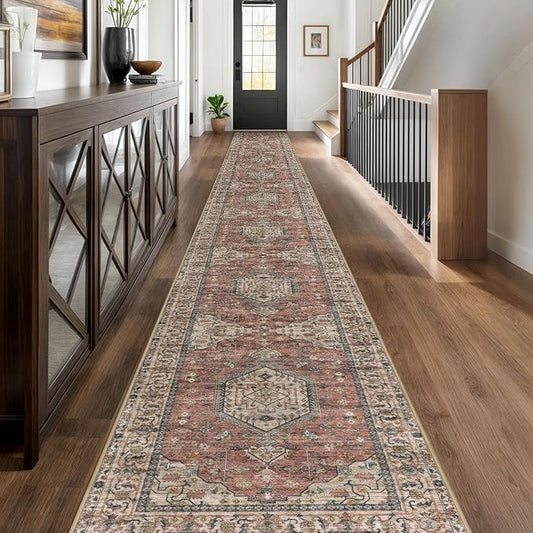 KUTA Extra Long Runner Rug for Hallway 2.6x20ft, Oriental Washable Kitchen Rugs, Terracotta Non-Slip Stair Runners Indoor Soft Printed Vintage Medallion Carpet for Bedroom Living Room Nursery