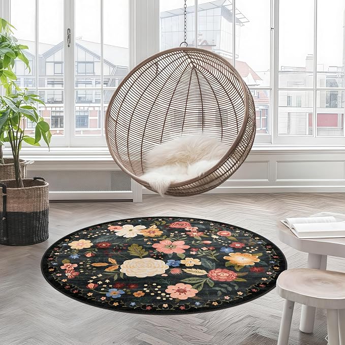 4ft Round Machine Washable Area Rug for Living Room, Black Green Vintage Boho Floral Rug Non-Slip Low Pile Soft Faux Wool Carpet Kids and Pets Friendly for Bedroom Nursery Farmhouse Home Decor Rug