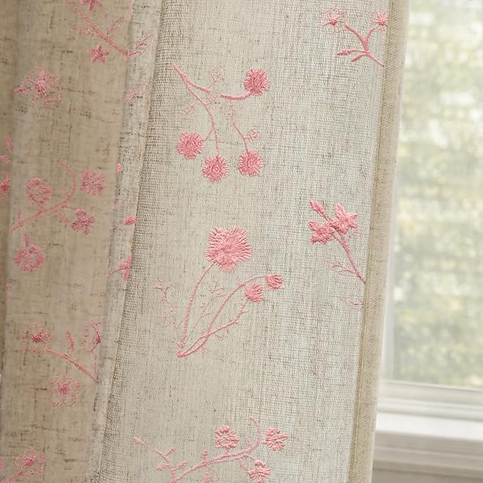 Pink Floral Embroidered Linen Blend Curtains for Bedroom, 84 Inch Light Filtering Spring Farmhouse Vintage Drapes for Living Room Rod Pocket, Set of 2 Panels