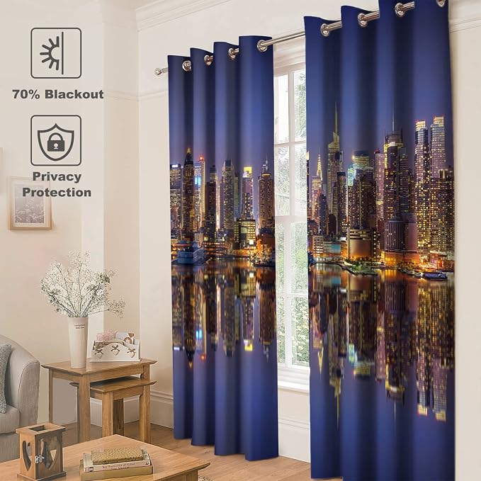 Jekeno City Landscape Blackout Curtains New York Manhattan Midnight Cityscape Ocean Reflection by The Coast Scenery Urban Decor for Bedroom Living Room Grommet Window Drapes 2 Panel Set, 52"x84"