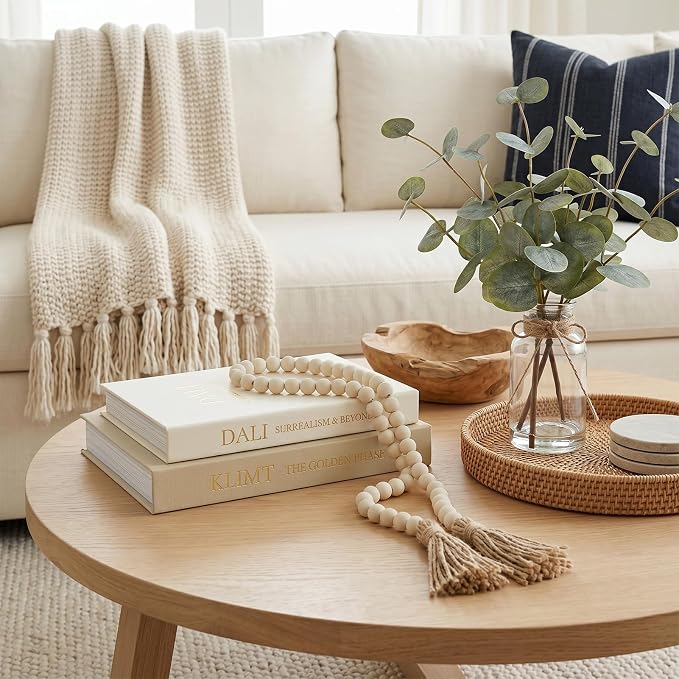 3-Piece Decorative Books for Home Decor with Wood Bead Garland - Stackable Linen Faux Book Box for Coffee Table Styling, Real Fabric Cover Fake Books with Tassel as Display Riser for Shelf