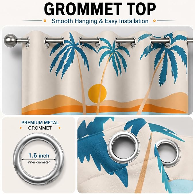 iTapnoom Boho Tropical Palm Tree Blackout Curtain, Mid Century Coastal Ocean Beach Window Curtains Darkening Thermal Insulated Window Drapes for Living Room Bedroom Decor 2 Panels 52x84 Inches