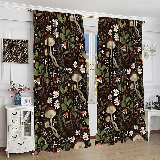 Mushroom Curtains,Green Plant Forest Botanical Print Window Treatments for Bedroom Living Room Kitchen Cartoon Herbs Floral Window Drapes 2 Panels Set,Total Size 63 x 72 Inch