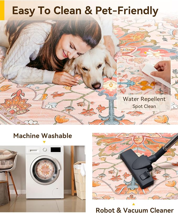 RELEANY Area Rugs Round 4ft Washable Non-Slip, Floral Vintage Distress Medallion Carpet for Living Room Bedroom Dining Room, Light Pink Colorful