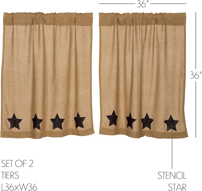 VHC Brands Burlap Natural with Black Stars Primitive 36"x36" Tier Pair Tan Rod Pocket Stenciled Cotton Kitchen Window Curtains