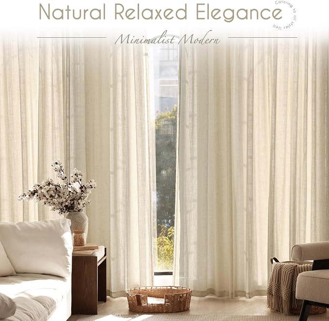 Greyish Beige Linen Curtain 96 inch Length 2 Panels Set Back Tab Light Filtering Living Room Curtain Drapes Home Office Modern Minimalist Decor Farmhouse Boho Neutral Semi Sheer Curtain 96 inch Long