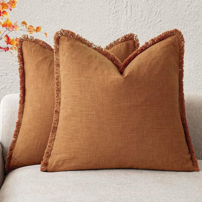 Foindtower Set of 2 Decorative Linen Fringe Throw Pillow Covers Cozy Boho Farmhouse Cushion Cover with Tassels Soft Accent Pillowcase for Couch Sofa Bed Living Room Home Decor, 16×16 Inch, Orange
