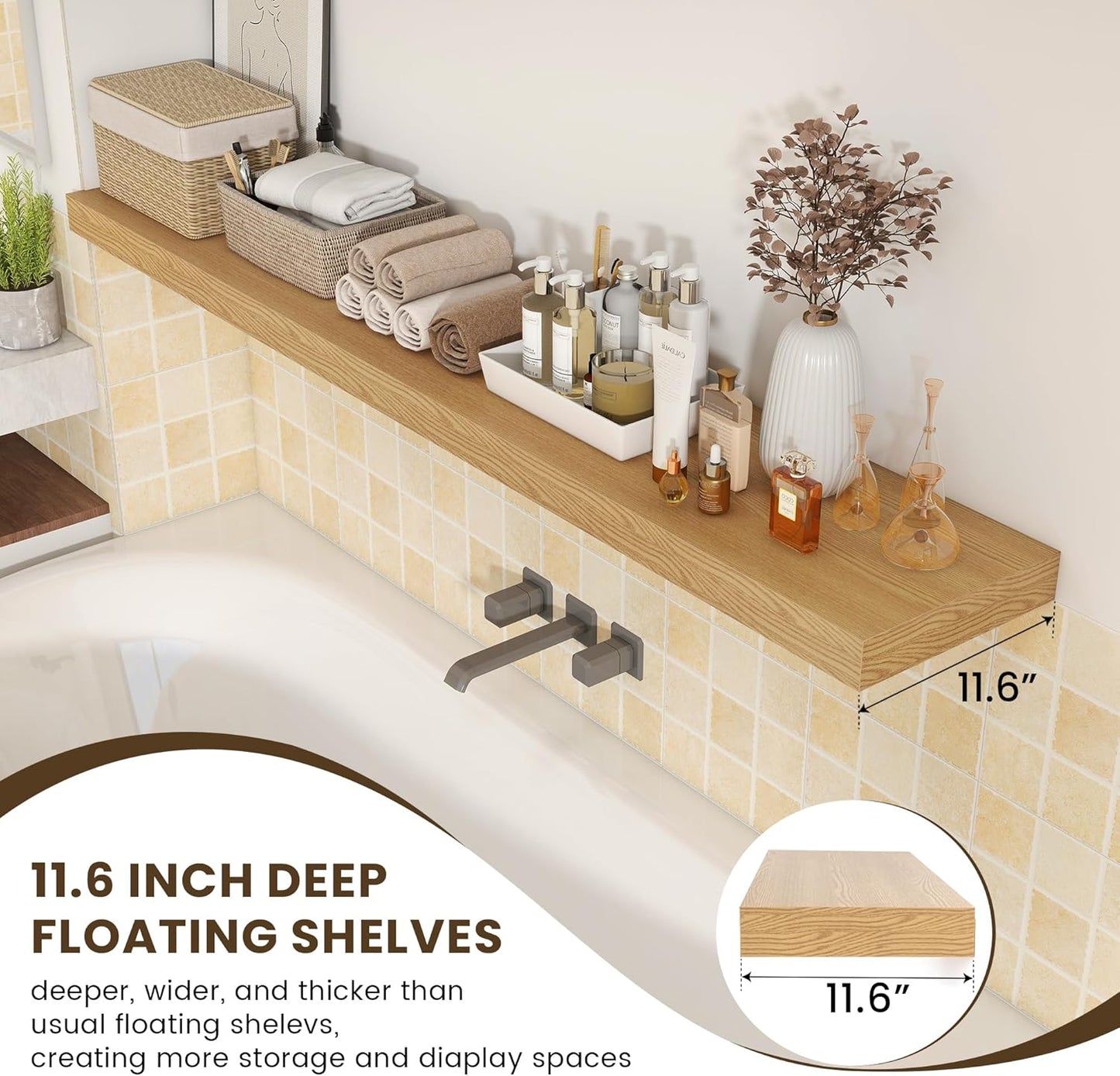 Deep Floating Shelves for Wall - 72 Inch Wide x 12 Inch Deep Wall Shelves Set of 1 - Rustic Oak Color Wood Shelves for Living Room, Bathroom, Laundry Room, Bedroom, Kitchen, Home Office