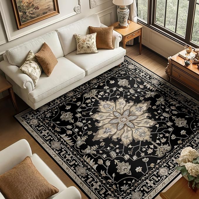 RELEANY Area Rugs Square 6ft Washable Non-Slip, Floral Vintage Distress Medallion Carpet for Living Room Bedroom Dining Room, Black Brown Neutral Dark Tan