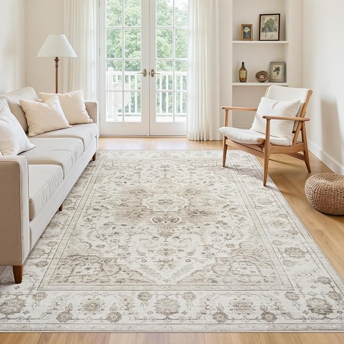 5x7 Area Rugs for Living Room:Beige Washable Vintage Medallion Carpet Non-Slip Soft Low Pile Large Rugs Indoor Retro Rug for Bedroom Nursery Dining Table Office Home(Beige White 5'x7')
