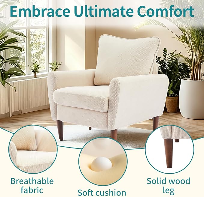 OLIXIS Comfy Accent Chair for Living Room Bedroom and Waiting Room, Upholstered Mid-Century Reading Chair with Pillow and Solid Wood Legs, Wide Singe Modern Lounge Sofa, Wheat