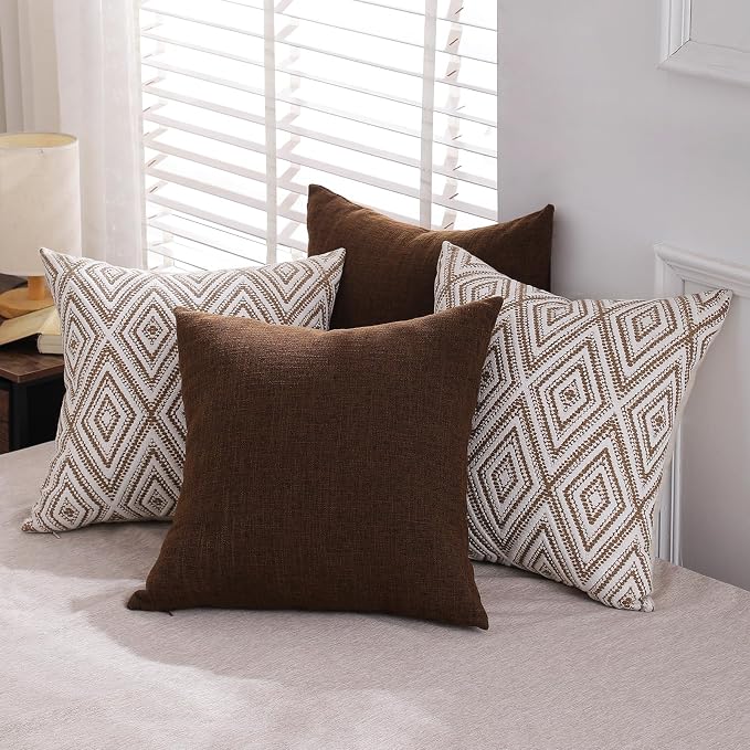 HPUK Throw Pillow Covers 20x20 Inch Set of 4, Linen Decorative Pillow Covers, Accent Cushion Covers for Couch Sofa Bed Bedroom Living Room Décor, Chocolate