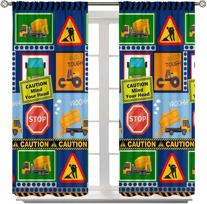 Kids Construction Blackout Curtain,Equipment Trucks Cartoon Car Vehicles Green Plaid Window Curtains Dining Room Living Room Kitchen Cafe Bedroom Office Nursery Drapes,52x96 in