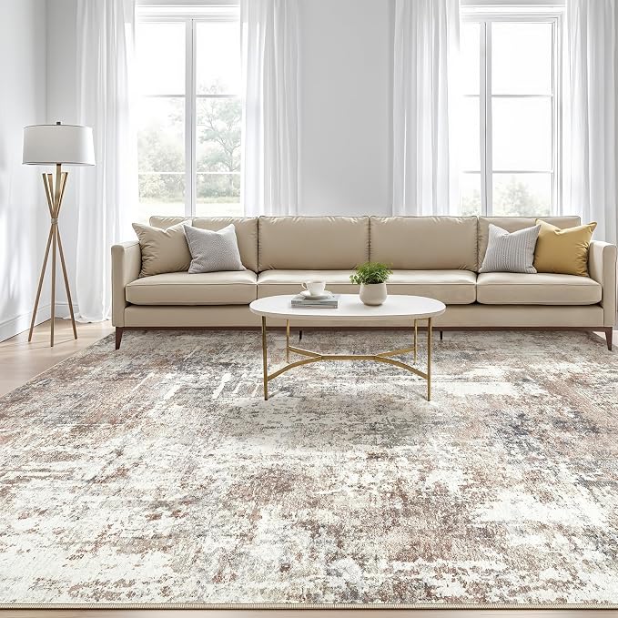 8x12 Area Rug Living Room: Washable Large Abstract Modern Soft Rugs Stain Resistant Indoor Floor Non-Slip Accent Carpet for Bedroom Nursery Playroom Office Dining Room Home House- Brown
