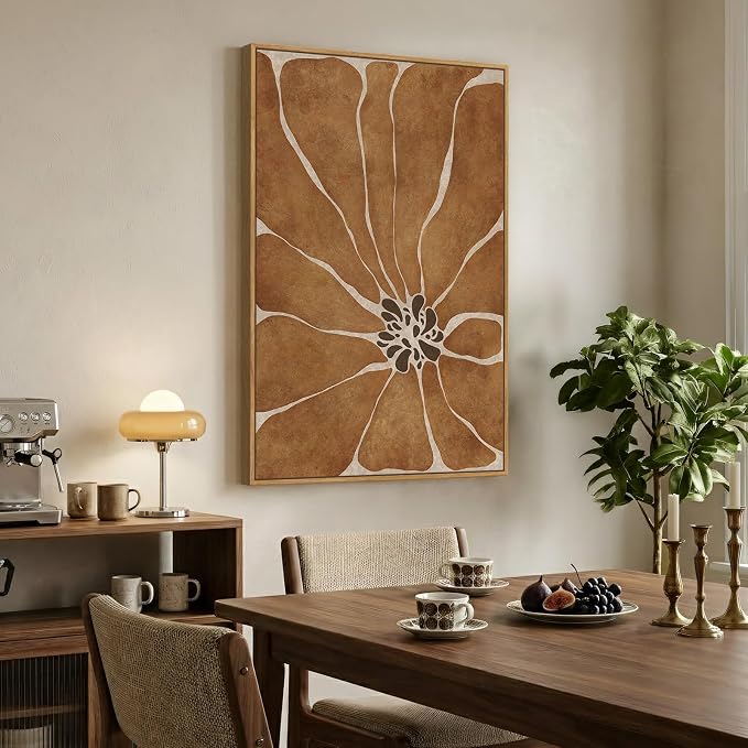 Framed Boho Abstract Neutral Floral Wall Art for Living Room, Modern Minimalist Brown Flower Print Canvas Artwork for Walls, Vertical Japandi Wabi Sabi Wall Decor for Bedroom Dining Room, 24x36 Inch