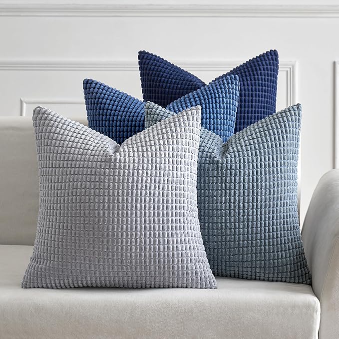 MIULEE Farmhouse Decorative Pillow Covers 18x18 Inch Set of 4 Coastal Blue | Boho Western Farmhouse Home Decor Couch Throw Pillows Summer Coastal Corduroy Pillowcases Industrial for Sofa Living Room Bed