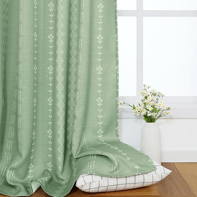 Sage Green Boho Cottage Core Curtains for Bedroom, Vintage Floral Cottagecore Pattern Semi Blackout Drapes, Light Green Farmhouse Style Window Panel for Living Room, 84 Inches Long