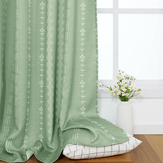 Sage Green Cottage Core Curtains 63 Inch Length for Bedroom 2 Panel Set, Light Green Floral Striped Patterned Semi Blackout Boho Cottagecore Curtains for Living Room Nursery, 63 Inches Long