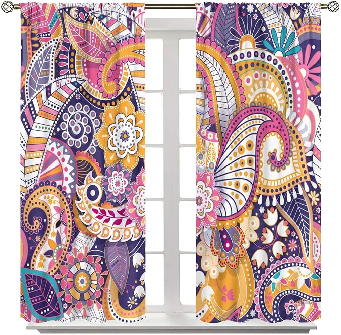Boho Curtains, Abstract Pelis Boho Brown Vintage Floral Ethnic Tribal Blossom Print, Blackout Curtains for Bedroom Living Room84X84 Inch
