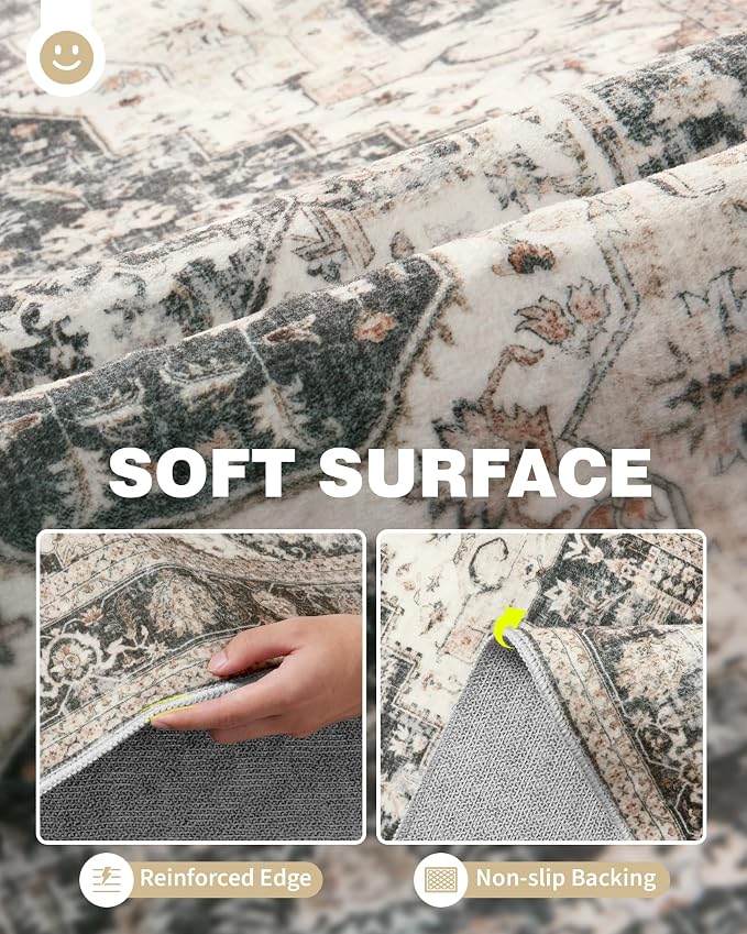 Roxstand Washable Rugs 8x10 Area Rugs for Living Room, Bedroom, Office, Ultra-Thin Anti Slip Backing Rug, Super-Soft Vintage Large Area Rug, Home Decor Farmhouse Rugs (Black/Beige, 8'x10')