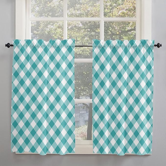 45 Inch Long Tier Curtains for Kitchen, Pastoral Style Teal Green Lattice Bathroom Window Curtains Rod Pocket Short Curtains Window Treatment Tiers for Living Room Farmhouse 2 Panels