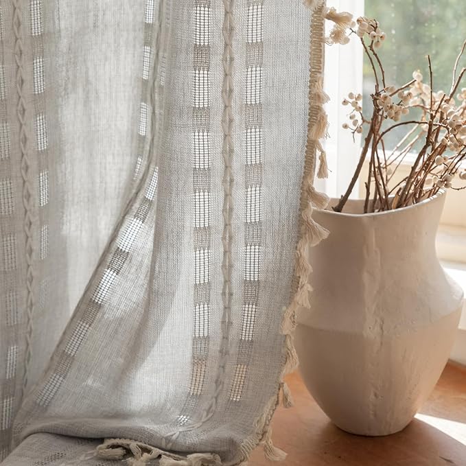 Deeprove Silver Grey Boho Curtain 63 inches Length for Living Room Bedroom Nursery, Retro Casual Bohemian Sheer 63 inches Long Stripe Embroidery Privacy Window Tassel Decor W52 x L63, 1 Panel