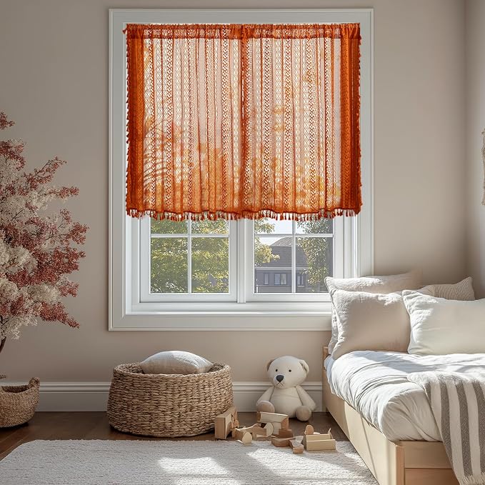 Sutuo Home Terracotta Boho Lace Vintage Curtains 45 Inches 2 Panels for Kitchen Cafe, Orange Small Window Curtains Semi Sheer Crochet Country Tassels Bohemian Drape Privacy Cottage Rod Pocket, 50" W