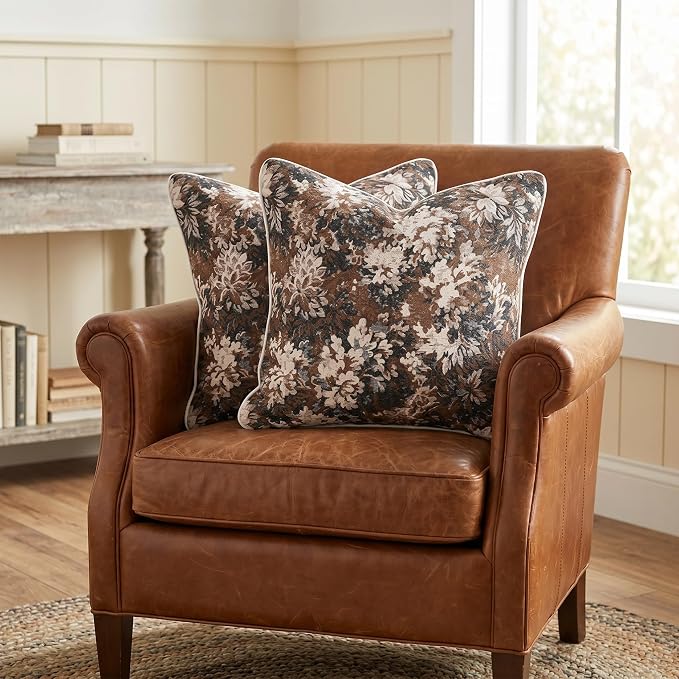 Vintage Floral Throw Pillow Covers 18x18 Inches Set of 2 Boho Farmhouse Pillow Cases Premium Chenille Textured Decorative Cushion Covers for Couch Retro Garden Farmhouse Style Brown