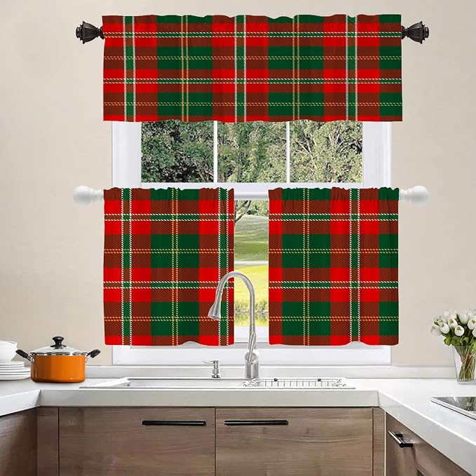 Shrahala Red Green Checkered Blackout Short Curtains for Windows, Red Green Black Yellow Check Plaid Kitchen Valance Thermal Insulated Rod Pocket Window Treatment for Bathroom 2 Pack 52 X 18 in