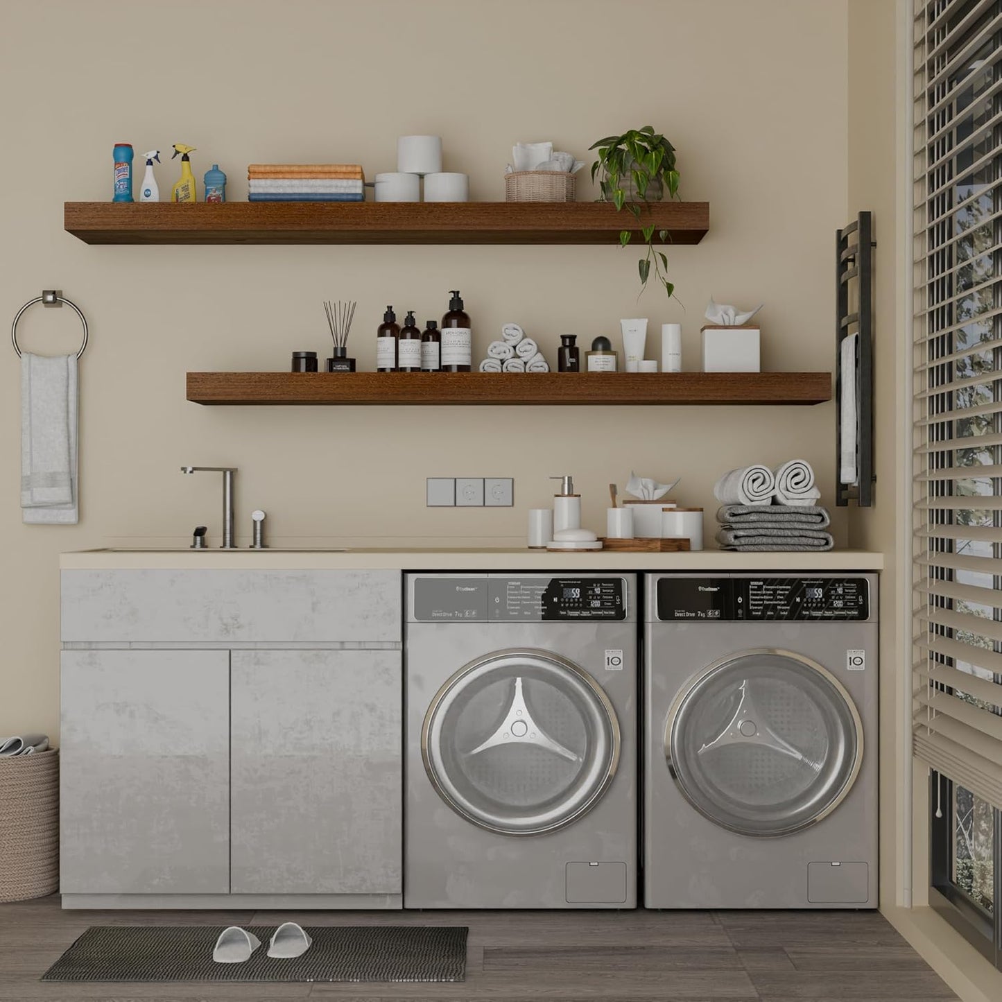 IAE Walnut Floating Wall Shelves 55 inch, Bathroom Shelves Wall Mounted,Invisible Shelves Floating Kitchen Shelves,Wooden Wall Shelves with Brackets for Living Room Wall Mounted,Easy Install,Set of 2